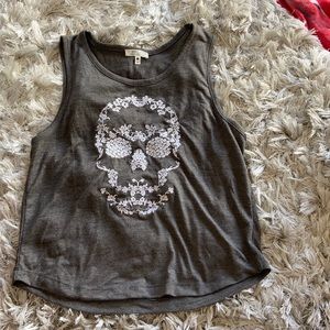 Cute Grey Lace Floral Skull Print Muscle Tank